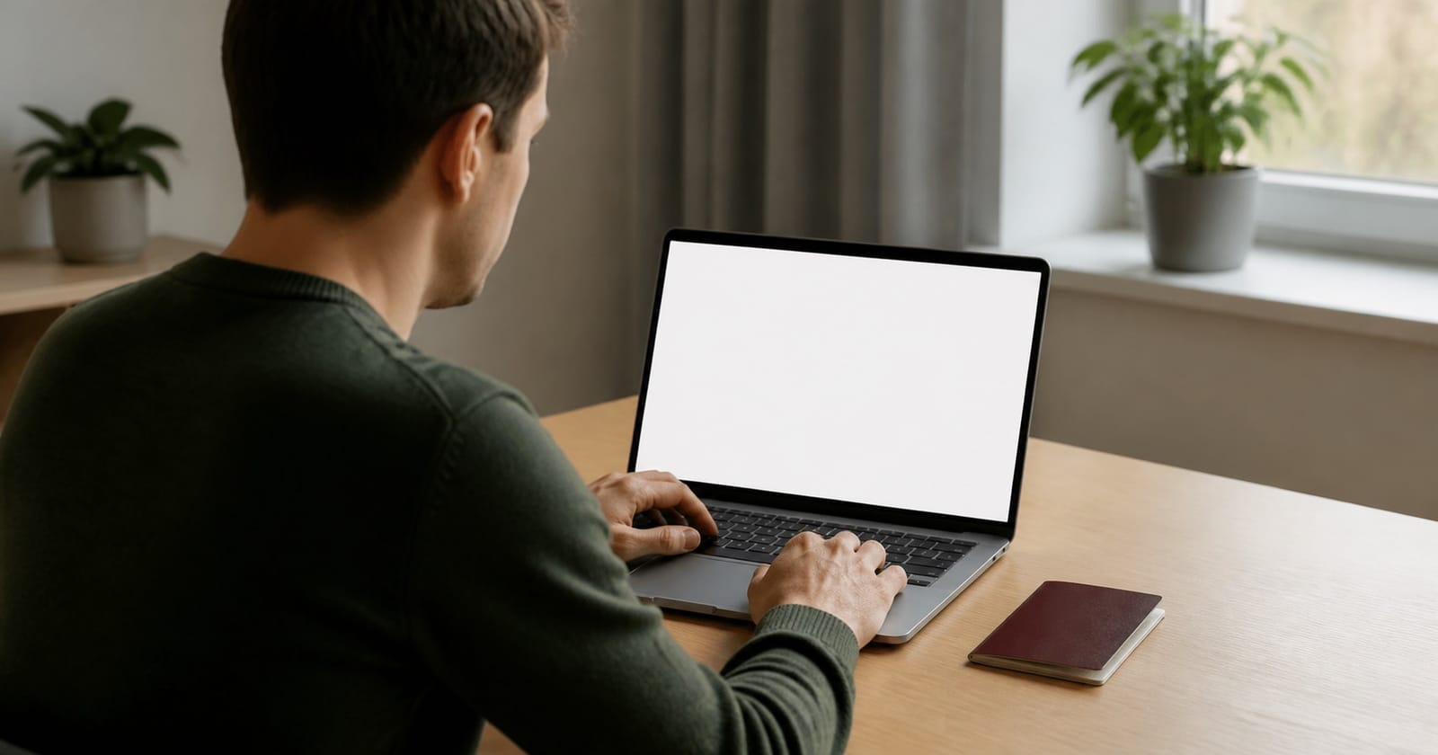 Žmogus prie nešiojamojo kompiuterio pildo registracijos į egzaminą formą, šalia guli pasas.