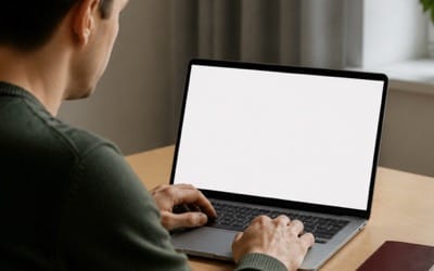 Žmogus prie nešiojamojo kompiuterio pildo registracijos į egzaminą formą, šalia guli pasas.