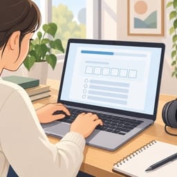 Ranka prie kompiuterio klaviatūros, ekrane matyti elektroninio testo užduoties laukas, šalia ausinės.