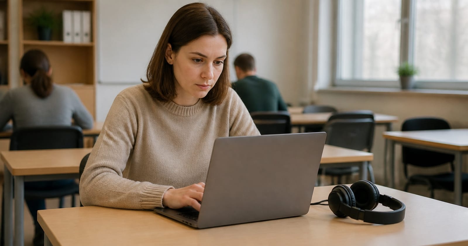 Moteris prie kompiuterio laiko elektroninį lietuvių kalbos egzaminą klasėje su ausinėmis ant stalo.